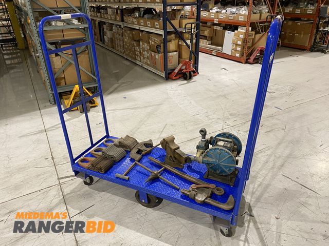 Lot 30-15 - Heavy Duty Rolling Cart w/ Large Pipe Wrench, Pipe Cutter, Vise, Pump, Etc.  

Seller will assist wi...