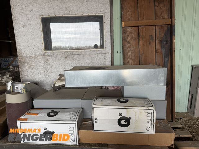 Lot 30-5744 - Large lot of sheet metal items, including various furnace cold air return connectors, flashing, and ...
