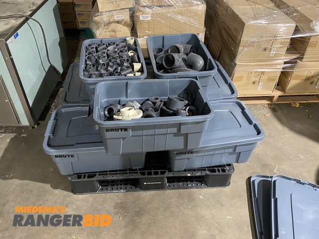 Lot 30-55 - Pallet of PVC Plumbing Fittings and Couplings – Mixed Sizes &amp; Types, 8 Totes

Pallet containing ...