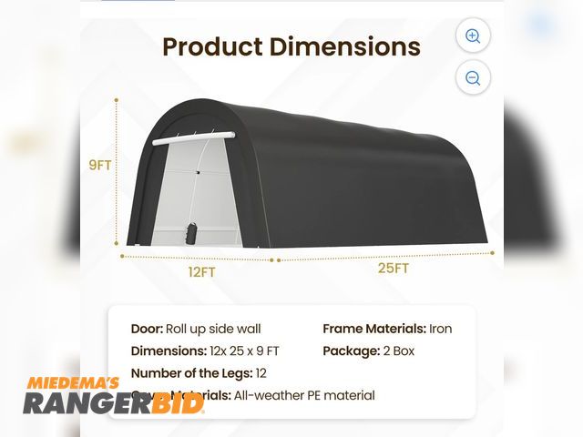 Lot 30-10861 - 12x25x9 domed carport, roll up doors (both sides) was brand new when assembled in October 2025, tipp...