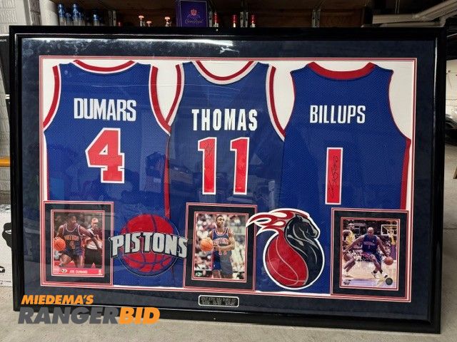 Lot 30-54635 - Framed “Detroit Pistons World Champions MVP’s” with autographed jerseys by Joe Dumars, Isiah Thomas,...