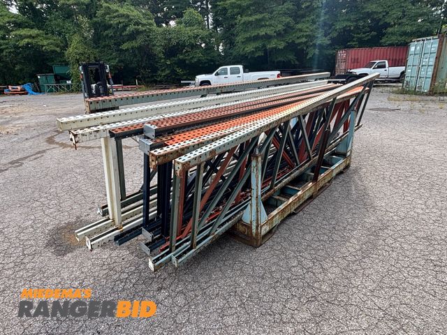 Lot 30-27 - LOT OF (12) 42" Deep x 16' Teardrop Pallet Racking Uprights and Rack Carrier / Holder