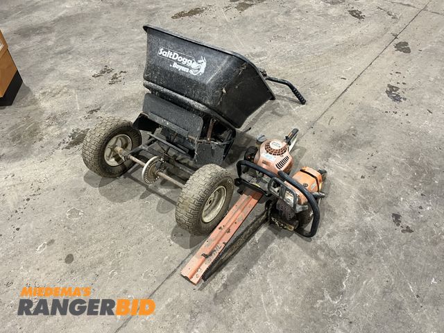 Lot 30-4934 - Lot includes Stihl chainsaw, Stihl hedger, and a salt spreader. Gas Powered Recoil Start