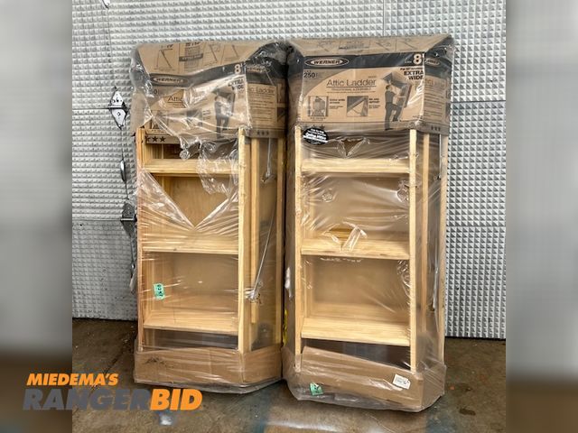 Lot 30-9774 - Lot of two (2) Werner  W2508 Wood folding attic ladder Lot of two (2) Werner attic ladders, model W2508, new in box.  See photos for specifications.