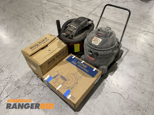 Lot 30-12 - LOT OF 2 Shop Vac Dry Vacuums, Face Masks, Poly Strapping

Seller will assist with loading. Forklift...