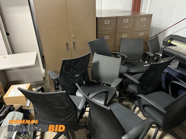 Lot 30-4985 - Lot includes (8) chairs, filing cabinets, storage cabinets, and desk.