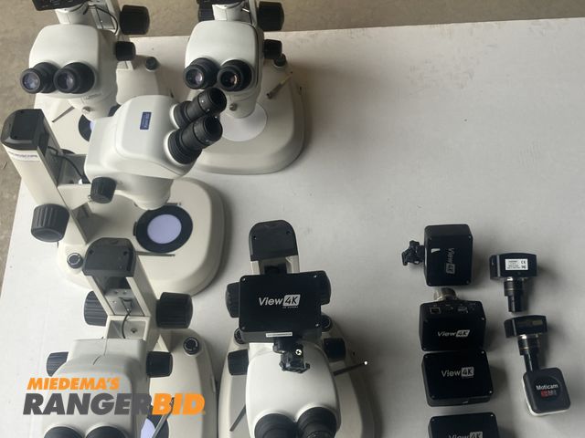 Lot 30-11063 - Microscopes and microscope cameras. 3 binocular microscopes with cameras, 2 without cameras, and 7 a...