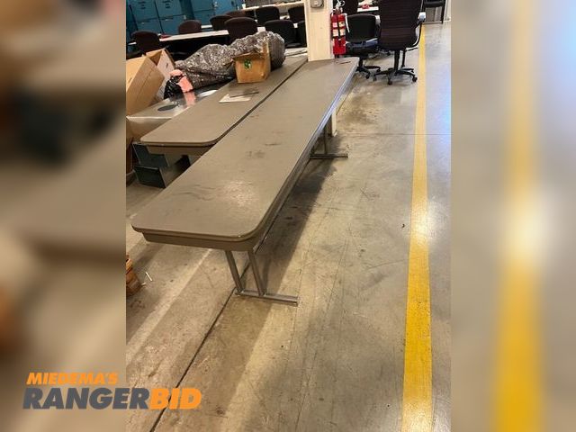 Lot 30-no - 4 - 8ft x 18" wide  plastic top metal frame folding tables with cart hauler on wheels