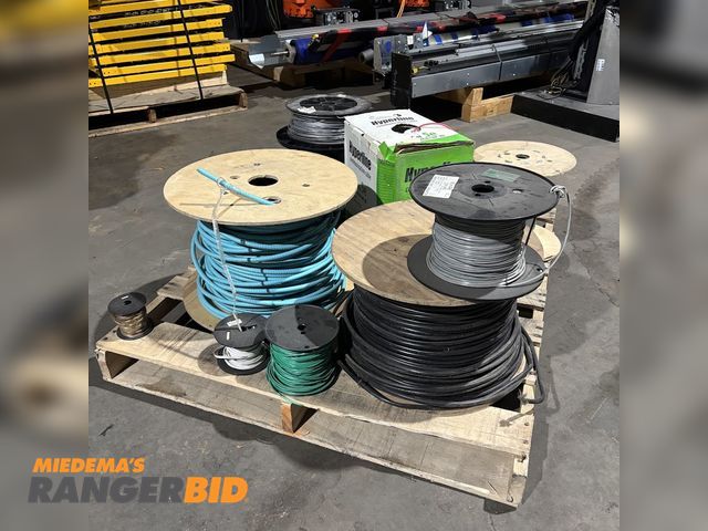 Lot 30-28 - Pallet of Various Cables and Wire Spools. Electric Fence Wire, Electrical Wire, Armored Cable, etc.