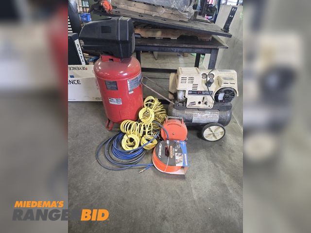 Lot 30-2659 - (2) Compressors (motors run but not tested), bunch of hoses and hose reel