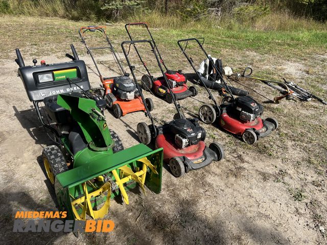 Lot 30-2093 - Lot of five lawn mowers, one snow blower, one backpack blower, one weedwhacker and more Gas Powered ...