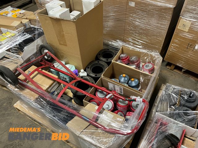 Lot 30-380 - Lot includes Hand Truck,  Flanges, Electrolube, Filters, Tree Spikes, Hand cleaner, and more