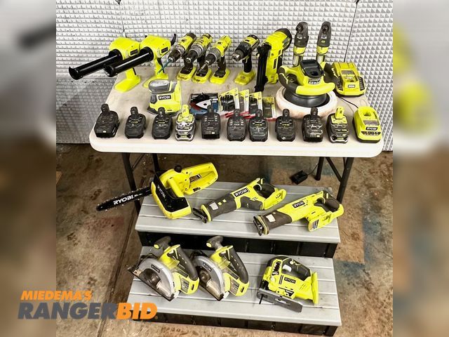 Lot 30-519 - 29 Ryobi One Plus 18v batteries, chargers, multi tool, caulk guns, buffer, brad nailer, detail sander, chain saw, hammer drill, jig saw.