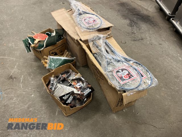 Lot 30-4926 - Boxes of New Tennis Raquets and Pickleball Safety Eyewear, as well as used ping pong paddles and net...