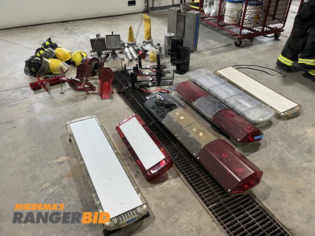 Lot 30-5044 - Lot includes (6) light bars (3 are LED), Fire Helmets, Float Dock, Fittings, and Nozzles.