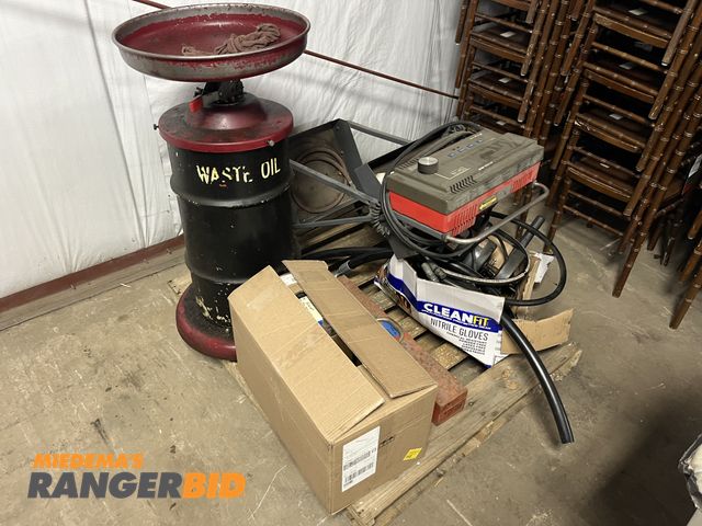 Lot 30-1937 - Everything on this pallet, Snap on Battery Tester, Waste Oil Catcher and more.