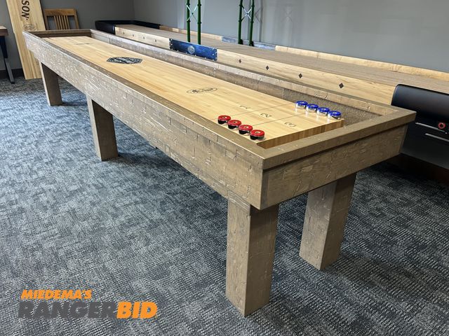 Lot 30-1186 - McClure 14' Hand Hewn Shuffleboard Table with Pucks NEW