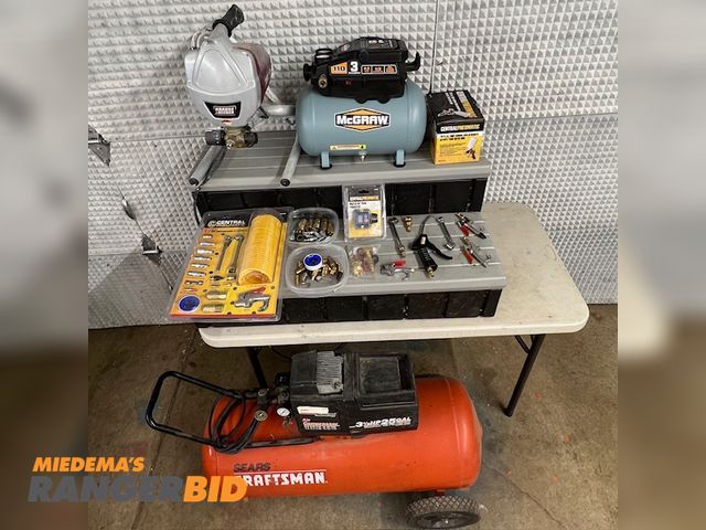 Lot 30-505 - Lot of five (5) air compressors and paint sprayers Craftsman 25 Gallon Electric Powered Air Compressors and paint sprayers
