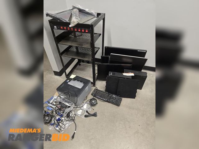 Lot 30-2674 - Misc. computer parts, rack, working laser printer, and other items shown.