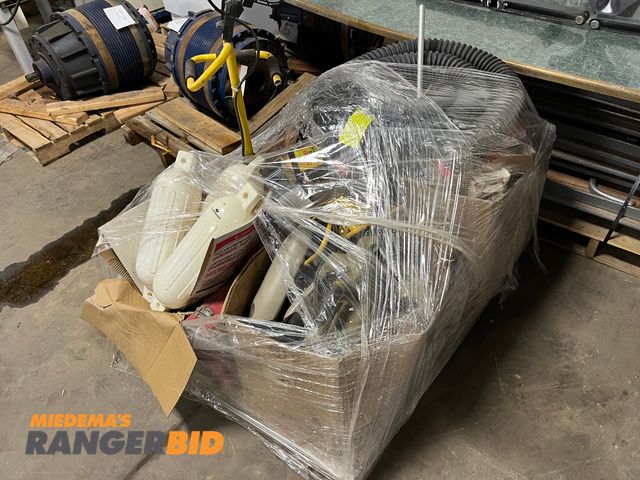 Lot 30-2230 - Pallet of tools and dock supplies, including air compressor, bug zapper, work lights, sander, and mo...