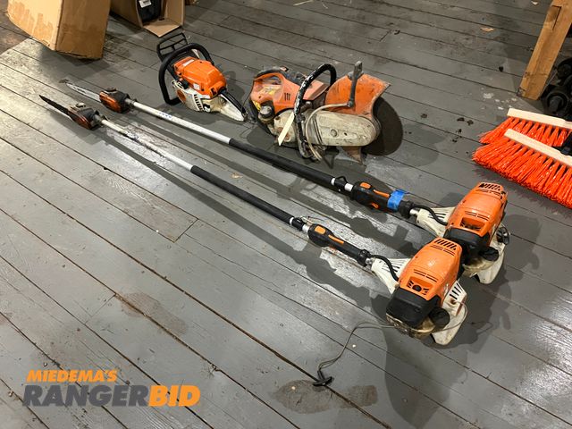 Lot 30-3098 - Stihl 2 spin Trimmers, 1 Chain Saw, 1 Cut Off Saw Gas Powered All are for parts or repair