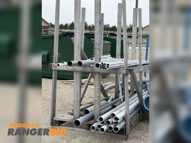 Lot 30-5885 - (1) 48" width x approx. 80" height x 95" depth wood rack, and (1) 44" width x 6" height x 8' length ...