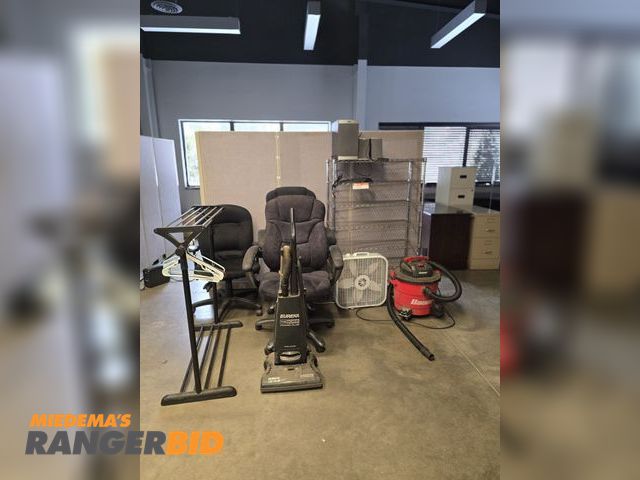 Lot 30-1399 - General office items including: Shop Vac, box fan, upright vacuum, coat rack, computer speakers and ...