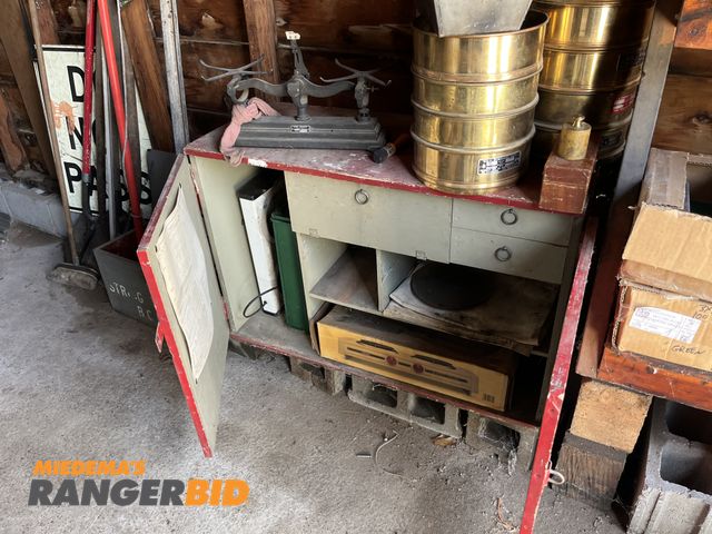 Lot 30-4838 - Gravel Grade Scale and Funnels with Cabinet Shelving Range, scale weights, sieves (10)