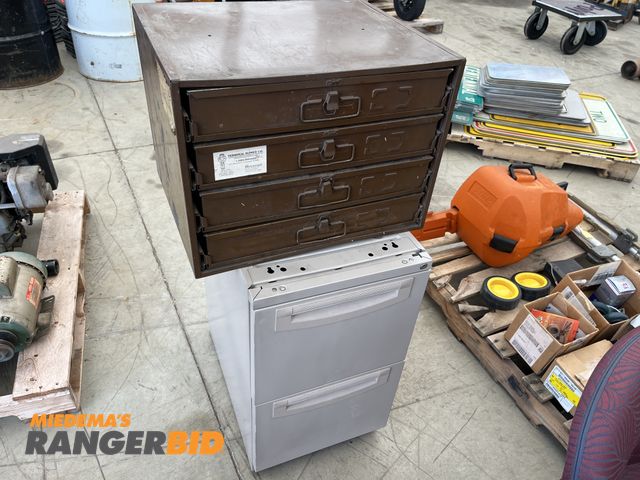 Lot 30-4143 - Lot includes parts cabinet, file cabinet, and 2 chairs.