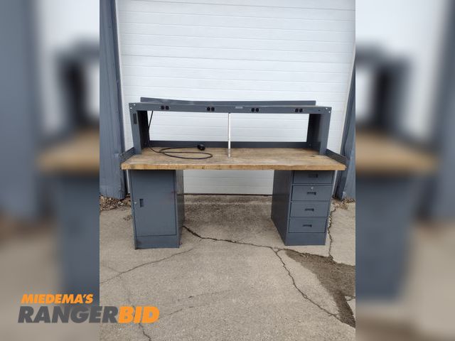 Lot 30-75 - Shop Workdesk With Solid Wood Benchtop 72x30x33.5 (desk height) 54.25 Overall Height. 115V Power Str...