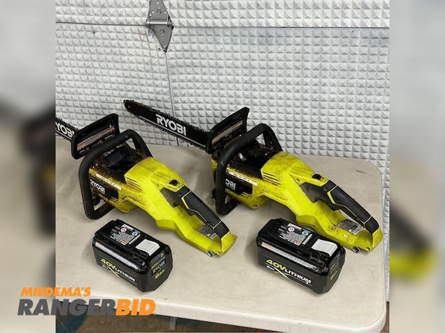 Lot 30-9809 - Lot of two (2) Ryobi 40v model RY40508 18 inch chainsaws with two (2) 6Ah batteries
