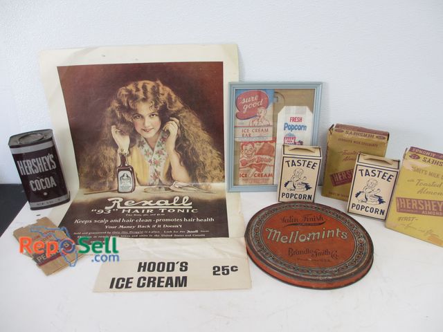 Lot 31-1272 - Vintage Advertising; Includes Hershey Boxes; Flexall Poster (1975), Tastee Popcorn; Howdy Doodee Ice...