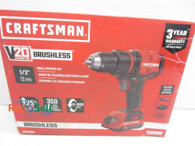 Lot 31-7204 - New Craftsman 20V 1/2" Drill/Driver #CMCD710C1 With Battery, Charger And Tool Bag