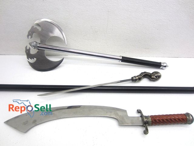 Lot 31-9044 - Battle Axe, Knife/Sword, Cane/Knife With Skull Hand Hold * Axe Cap Threading Bare