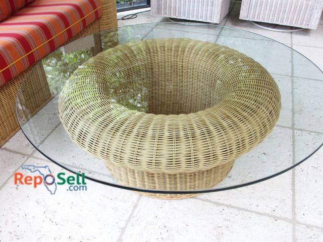 Lot 31-1142 - Rattan Table With Glass Top, 47" Wx17"H