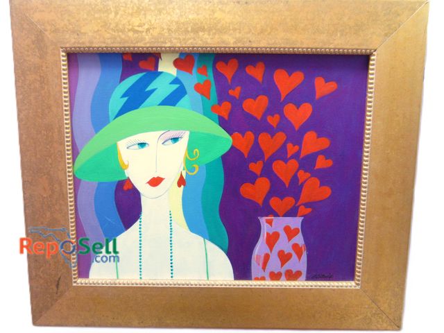 Lot 31-1204 - Gold Framed Art Lady in Hat/Vase of Hearts 26.5x22"  (#37)