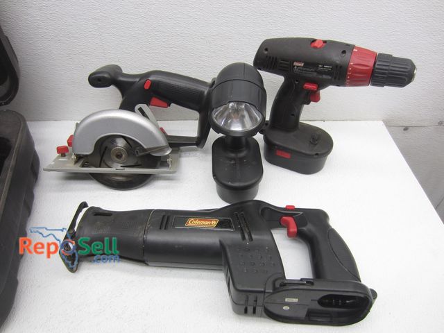 Lot 31-5194 - Coleman 18V Tools with Case (no latches) - Light, Jig Saw, Drill, Circular Saw, with Battery &amp; C...