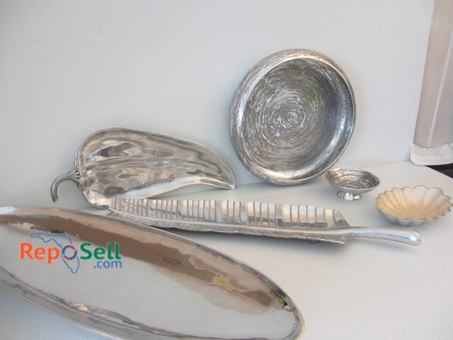 Lot 31-1386 - (6) Pcs of Silver Tone Serving Dishes: 2 Bowls - Don Sheil Australia, Leaf Platter - Bruce Cox, 27" ...