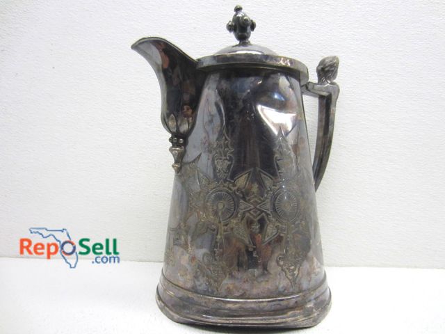 Lot 31-6187 - Large Vintage Silver Plated Ceramic Lined Figural Teapot, Stamped "Jas. Stimpson Pat. 1868" 13" Tall