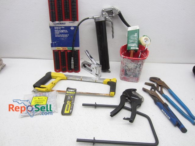 Lot 31-6283 - Tool Lot: Wrenches, Grease Gun, Leather Tool Pouch, Pipe Cutter, etc.