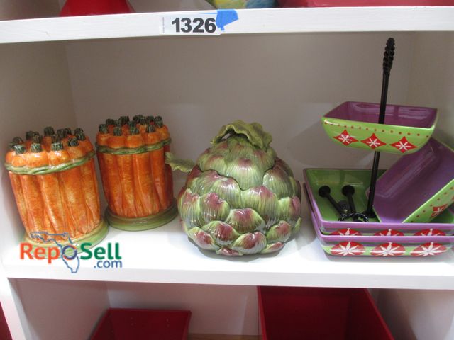 Lot 31-1327 - Kitchenware: (2) Carrot Sugar &amp; Flour Jars, Artichoke Serving Dish w/Spoon &amp; Lid, 4-Tier Laz...