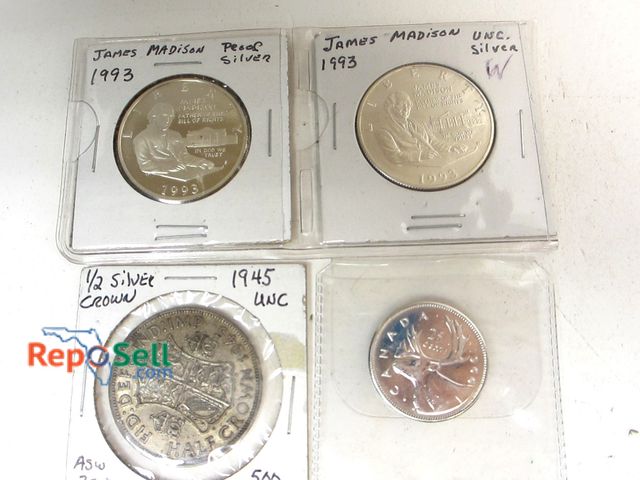 Lot 31-2013 - Coin Collection: (2) James Madison Silver Half Dollars, 1966 25 cents, 1945 Half Silver Crown