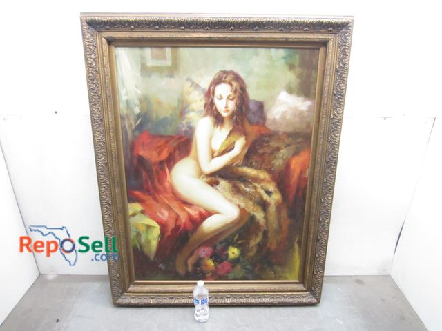 Lot 31-6498 - Large Antique Original Oil Painting by E. Hartman of Seated Nude Woman - 28"x48.5" w/ COA