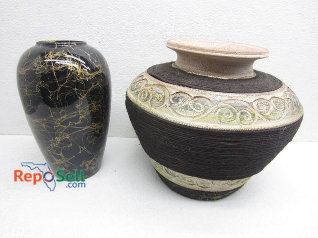 Lot 31-5270 - (2) Decor Pieces: Black/Gold Vase, Clay/Rope Planter