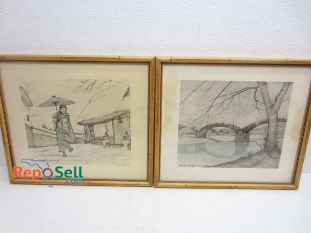 Lot 31-3261 - (2) Framed Art Signed 14" x 16"   "Snow in the Morning"  " Kintai Bridge at Iwakuni"