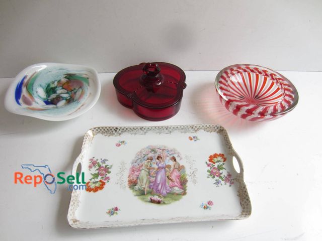 Lot 31-9232 - Includes a Bavarian Ceramic Tray with a Floral and Figural Scene and Backstamp, a Red Glass Covered ...