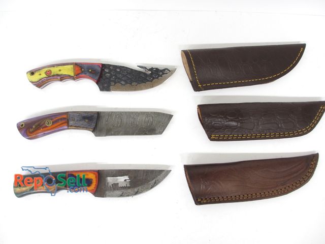 Lot 31-7081 - (3) Damascus-style knives with sheaths
