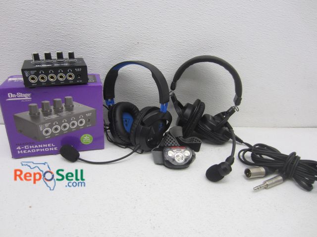 Lot 31-5594 - On-Stage Audio 4-Channel Headphone Amp #HA4000 &amp; (2) Headphones w/Mics: 1 - Audio Technica, 1 - ...