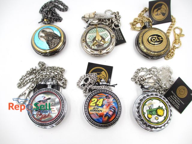 Lot 31-3025 - (6) Franklin Mint Pocket Watches with New Batteries: Star Trek, Jeff Gordon, John Deere, Colt, etc.