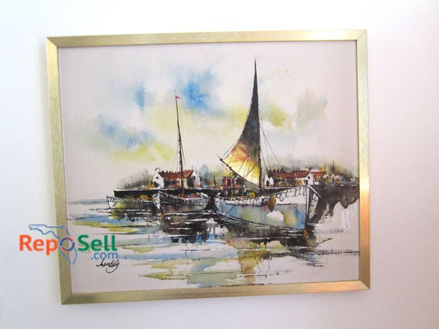 Lot 31-9125 - Painting Depicting Boats In A Harbor By Marcello, Measuring Approximately 24x21 Inches.